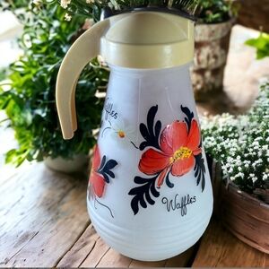 1950's Hazel Atlas Waffle Batter Pitcher Frosted Glass Hand-painted Flowers 9'